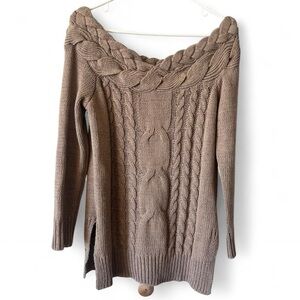 Cable Knit Off the Shoulder Sweater - Brown
